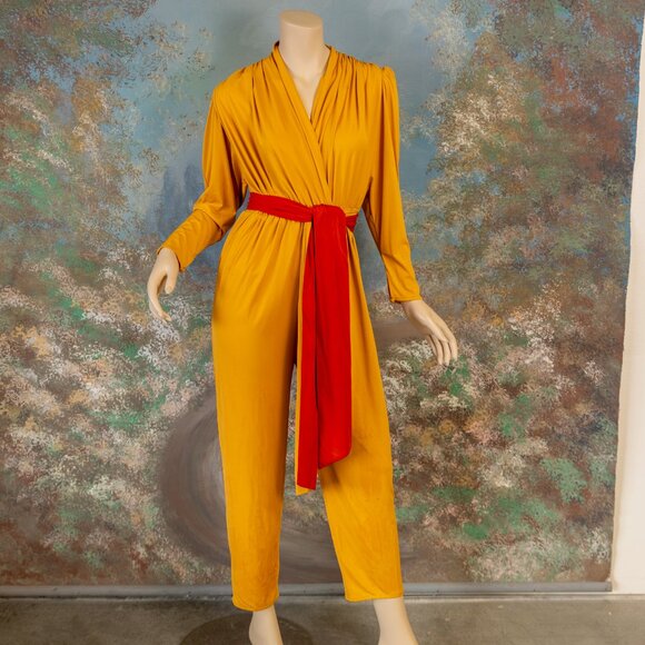Vintage * LILLI ANN * 80s Mustard Yellow Draped Jumpsuit with Red Sash Belt - Picture 5 of 16